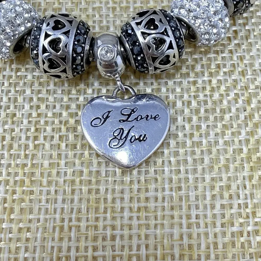 Sterling Silver Fiora Italy Love Charm Bracelet Black White Rhinestone 7 inch